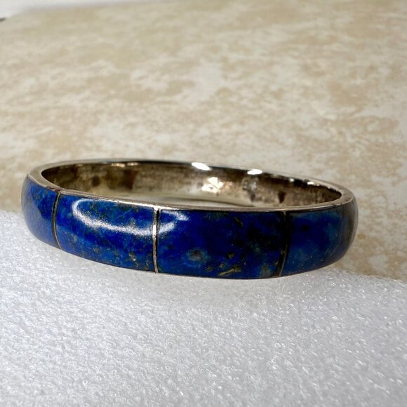 Vintage Fine 970 Silver Inlay Blue Lapis Lazuli Bangle Bracelet 26.5 Grams - Picture 3 of 8